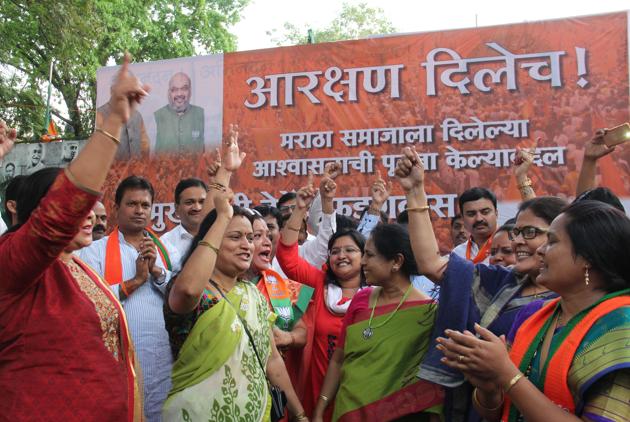 Celebrations at the BJP office in Nariman Point on Thursday. (BHUSHAN KOYANDE) Celebrations at the BJP office in Nariman Point on Thursday. (BHUSHAN KOYANDE)