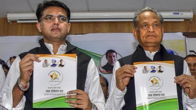 Jaipur: Rajasthan Congress chief Sachin Pilot and former Rajasthan chief minister and Congress general secretary Ashok Gehlot release the party manifesto for the Rajasthan Assembly elections 2018, in Jaipur, Thursday, Nov. 29, 2018. (PTI Photo)(PTI11_29_2018_000016B)(PTI)