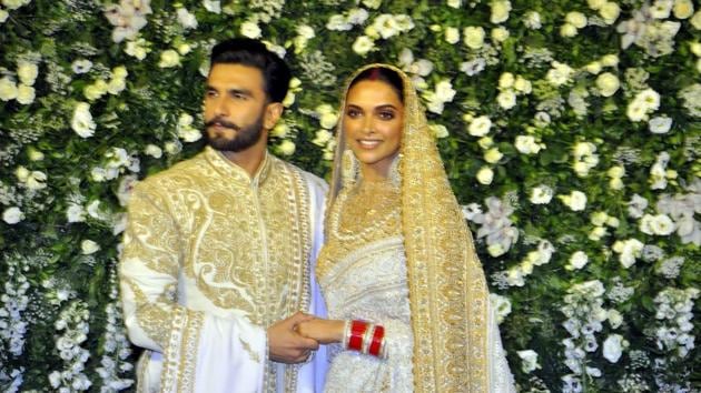 The newlyweds Deepika Padukone and Ranveer Singh at their wedding reception in Mumbai on November 28, 2018.(IANS)