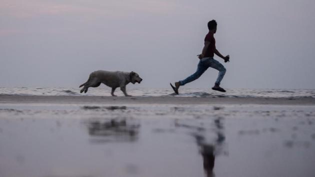 A man plays with his dog at Juhu Chowpatty in Mumbai, Maharashtra on November 28, 2018. (Ragul Krishnan / HT Photo)