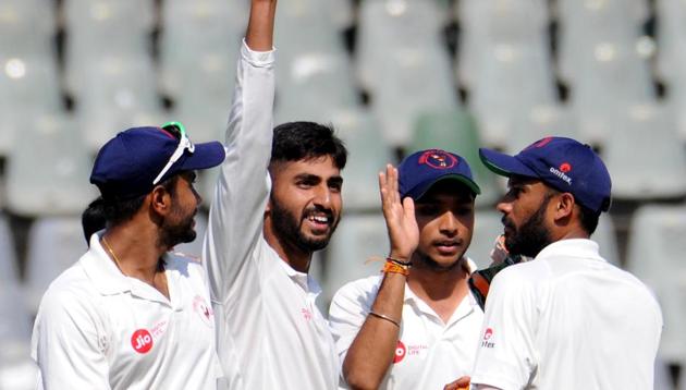 Gujarat's Bowler Chintan Gaja taken 4 wickets against Mumbai during Ranji Trophy match at Wankhede Stadium in Mumbai, India, on Friday, November 30, 2018(Hindustan Times)