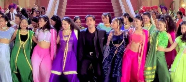 A still from ‘Saajanji ghar aaye’ in the 1998 film Kuch Kuch Hota Hai, which starred Shah Rukh Khan, Salman Khan (above), Kajol and Rani Mukerji. The film formula through this decade was clear — pack in as many stars as possible, build in a ‘big dance number’, set that number in a giant hall (preferably with a staircase towards the back), then fill the space with dancers.