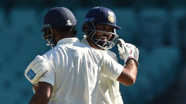 India's Murali Vijay (R) is congratulated by his teammate Hanuma Vihari (L) after he scored a century on the fourth day of the tour match against Cricket Australia XI (AFP) India's Murali Vijay (R) is congratulated by his teammate Hanuma Vihari (L) after he scored a century on the fourth day of the tour match against Cricket Australia XI (AFP)