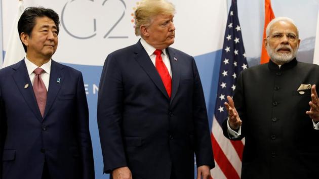 US President Donald Trump meets Japanese Prime Minister Shinzo Abe and Indian Prime Minister Narendra Modi during the G20 leaders summit in Buenos Aires, Argentina November 30, 2018.(REUTERS)