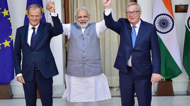 PM Narendra Modi with Donald Franciszek Tusk, President of the European Council and Jean-Claude Juncker, President of the European Commission before their meeting at Hyderabad House, in New Delhi on Friday.(PTI)