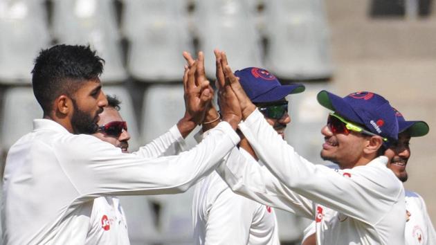 Mumbai: Gujarat's bowler Chintan Gaja celebrates after taking the wicket against Mumbai during Ranji Trophy cricket match, (PTI) Mumbai: Gujarat's bowler Chintan Gaja celebrates after taking the wicket against Mumbai during Ranji Trophy cricket match, (PTI)