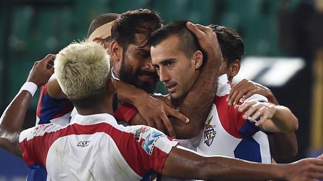 Chennai: ATK’s Manuel Lanzarote celebrates with teammates after scoring his second goal against Chennaiyin FC.(PTI)