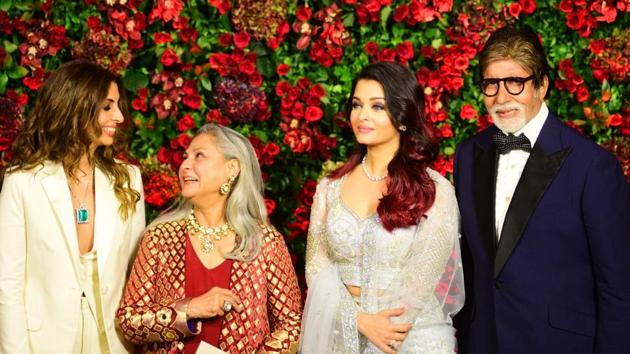 Mumbai: Shweta Bachchan-Nanda, Jaya Bachchan, Amitabh Bachchan and Aishwarya Rai Bachchan arrive at Ranveer Singh and Deepika Padukone's wedding reception at Grand Hyatt hotel in Mumbai.(IANS)