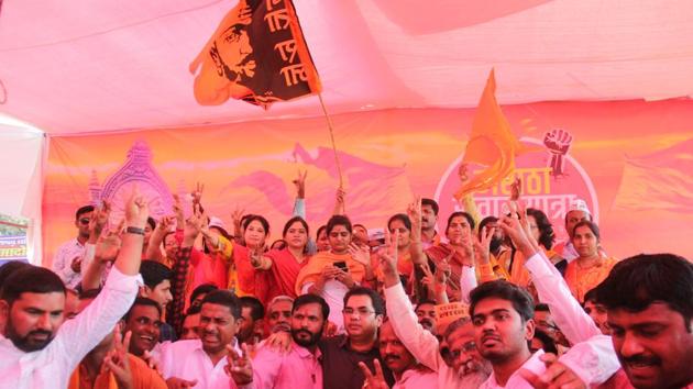 Members of the Maratha community celebrate at Azad Maidan, Mumbai, after the Maharashtra Assembly unanimously passed a bill proposing 16 percent reservation for the Maratha community, on November 29. (BHUSHAN KOYANDE/HT FILE) Members of the Maratha community celebrate at Azad Maidan, Mumbai, after the Maharashtra Assembly unanimously passed a bill proposing 16 percent reservation for the Maratha community, on November 29. (BHUSHAN KOYANDE/HT FILE)