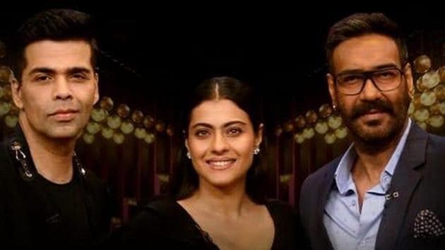 Karan Johar, Kajol and Ajay Devgn on the sets of Koffee with Karan.