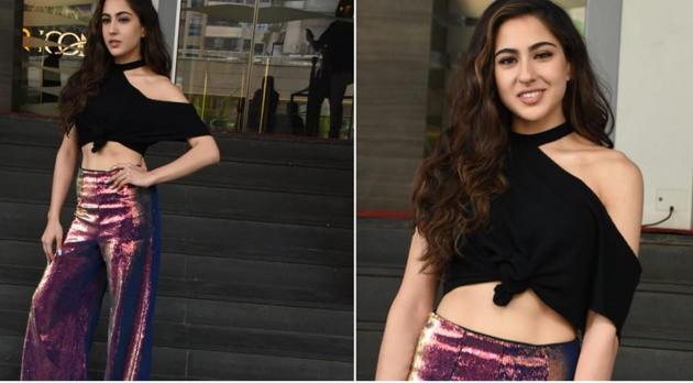 Sara Ali Khan wore a cold-shoulder crop top and metallic pants at Simmba Trailer launch(Viral Bhayani)