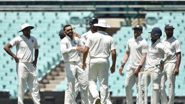 India's captain Virat Kohli (2nd-L) and the team celebrate the wicket of Australia's Harry Nielsen on the fourth day of the tour match against Cricket Australia XI at the SCG in Sydney on December 1, 2018 (AFP) India's captain Virat Kohli (2nd-L) and the team celebrate the wicket of Australia's Harry Nielsen on the fourth day of the tour match against Cricket Australia XI at the SCG in Sydney on December 1, 2018 (AFP)