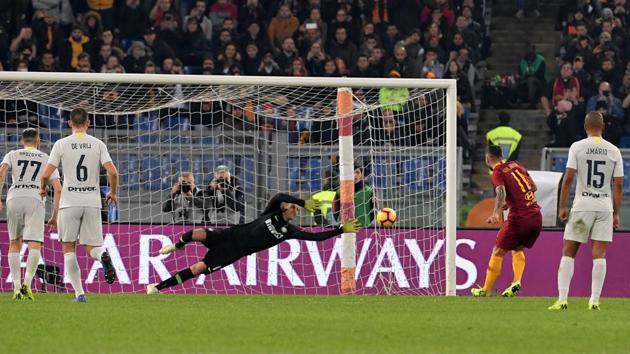 AS Roma midfielder Aleksandar Kolarov scores a penalty during the match against Inter Milan. (AFP) AS Roma midfielder Aleksandar Kolarov scores a penalty during the match against Inter Milan. (AFP)