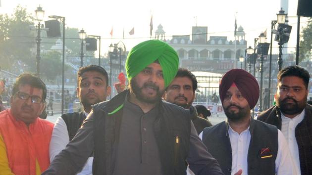 Punjab cabinet minister Navjot Singh Sidhu speaks to media after attending the groundbreaking ceremony for the Kartarpur Corridor, at the India-Pakistan Wagah Post. (Sameer Sehgal/HT Photo) Punjab cabinet minister Navjot Singh Sidhu speaks to media after attending the groundbreaking ceremony for the Kartarpur Corridor, at the India-Pakistan Wagah Post. (Sameer Sehgal/HT Photo)