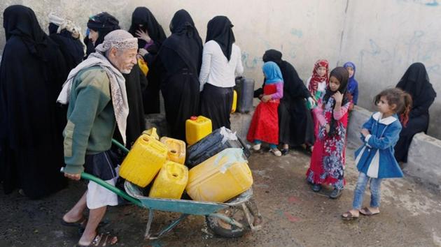 “We receive information of reported cases of cholera from the Ministry of Health, then the team sterilises the house and 20 houses around it,” Nabeel Abdullah al-Wazeer, the Houthis’ minister of water, told Reuters. “We worked from house to house and on sterilising water wells. We also worked on bus-mounted tanks, which transport water in the private sector to the citizens, as well as sterilizing local institutions which distribute water.” (Khaled Abdullah / REUTERS) 