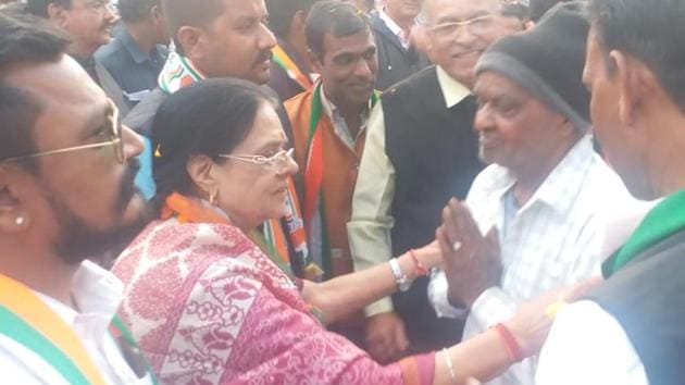Rajasthan assembly election 2018: Congress veteran Girija Vyas on campaign trail in her assembly constituency Udaipur. (HT Photo) Rajasthan assembly election 2018: Congress veteran Girija Vyas on campaign trail in her assembly constituency Udaipur. (HT Photo)
