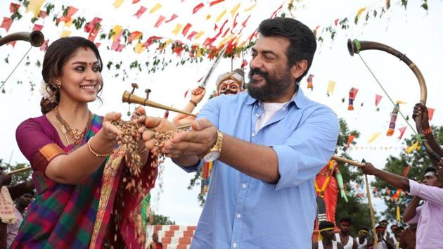 A still of Ajith and Nayanthara from their upcoming film Viswasam. A still of Ajith and Nayanthara from their upcoming film Viswasam.