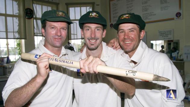 Steve Waugh, Damien Fleming and Ricky Ponting of Australia celebrate in the rooms after the game Waugh and Ponting scored centuries while Fleming took 5 wickets in the second innings, on day five of the first test between Australia and India, at the Adelaide Oval, Adelaide, Australia. Australia won by 285 runs.(Getty Images)