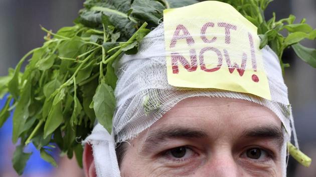 A demonstrator wears during a 'Claim the Climate' march in Brussels, December 2, 2018 (AP) A demonstrator wears during a 'Claim the Climate' march in Brussels, December 2, 2018 (AP)