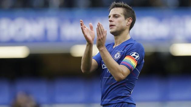 Cesar Azpilicueta applauds fans at the end of the English Premier League soccer match between Chelsea and Fulham at Stamford Bridge stadium.(AP)