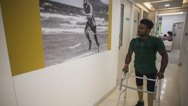 Meanwhile, hearing of his plight, jewellery designer Farah Ali Khan gifted him a cycle to travel and got funds to help him get prosthetic legs. He hopes to one day be able to walk with greater freedom using the prosthetics. (Pratik Chorge / HT Photo) 