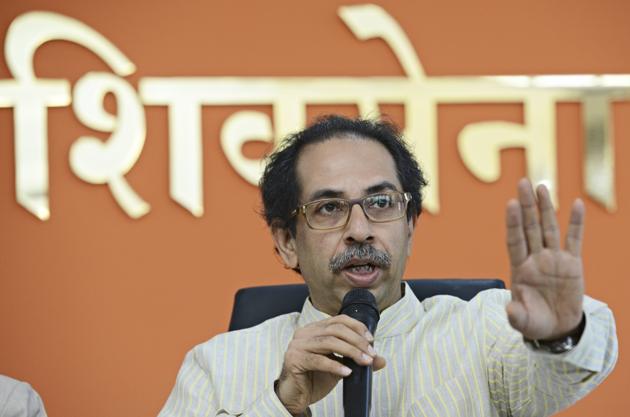 Sena chief Uddhav Thackeray addresses media at Shiv Sena Bhavan in Dadar on Tuesday.(Anshuman Poyrekar/HT Photo)