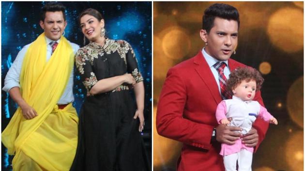 Aditya Narayan introduces his son Taisur Aditya Udit Narayan (a toy actually) to his dad on Sa Re Ga Ma Pa.(Viral Bhayani/Instagram) Aditya Narayan introduces his son Taisur Aditya Udit Narayan (a toy actually) to his dad on Sa Re Ga Ma Pa.(Viral Bhayani/Instagram)