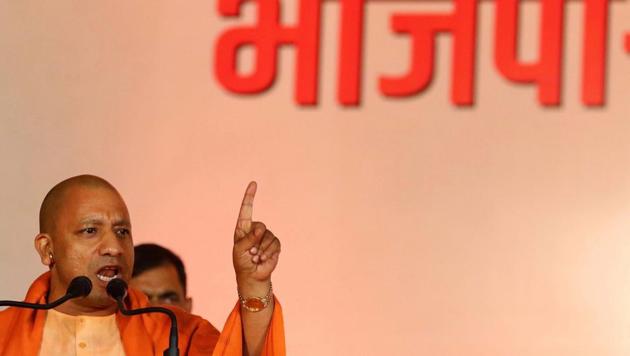 Uttar Pradesh chief Minister Yogi Adityanath addresses an election compaign meeting for the Rajasthan state assembly polls, at Jamdoli in Jaipur. Both Rajasthan and Telangana go to polls on December 7.(PTI Photo)