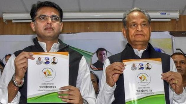 Rajasthan assembly election 2018: Congress has fielded both Sachin Pilot and Ashok Gehlot in the December 7 assembly election, a move that has added to the suspense about the party’s presumptive chief minister given that both Gehlot and Pilot are strong contenders for the top post in Rajasthan.(PTI File)