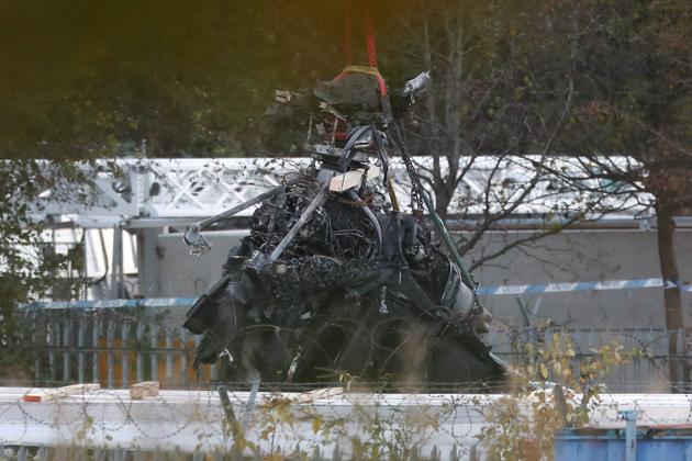 Part of what remains of the helicopter that crashed outside Leicester City Football Club's King Power Stadium(AFP)