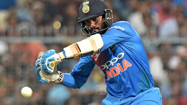 Dinesh Karthik plays a shot during the 1st T20 match against West Indies. (PTI) Dinesh Karthik plays a shot during the 1st T20 match against West Indies. (PTI)