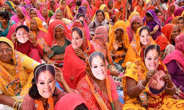 Women gather to attend Rajasthan Chief Minister Vasundhara Raje's election rally in support of BJP candidate Shankar Singh Rawat, in Beawar, Tuesday, November 27, 2018.(PTI file photo)