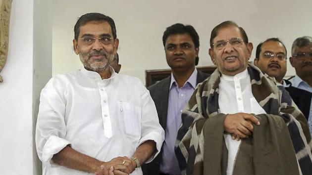 Union minister and Rashtriya Lok Samta Party (RLSP) chief Upendra Kushwaha with expelled JD(U) leader Sharad Yadav in New Delhi.(PTI)