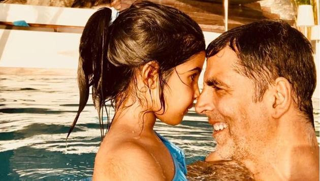 Akshay Kumar poses with daughter Nitara on vacation.