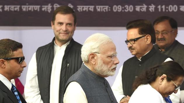 Loksabha speaker Sumitra Mahajan, Vice President M. Venkaiah Naidu, Prime Minister Narendra Modi, Former Prime Minister Manmohan Singh and Congress President Rahul Gandhi arrive to pay tribute to Dr. B.R. Ambedkar on the occasion of ‘Mahaparinirvan Diwas’ , at Parliament House Lawns, in New Delhi. (Arvind Yadav / HT Photo) Loksabha speaker Sumitra Mahajan, Vice President M. Venkaiah Naidu, Prime Minister Narendra Modi, Former Prime Minister Manmohan Singh and Congress President Rahul Gandhi arrive to pay tribute to Dr. B.R. Ambedkar on the occasion of ‘Mahaparinirvan Diwas’ , at Parliament House Lawns, in New Delhi. (Arvind Yadav / HT Photo)