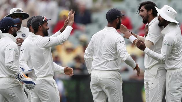 India's Ishant Sharma, second right, celebrates with his teammates after dismissing Australia's Aaron Finch. (AP)