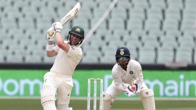 Marcus Harris bats during the first cricket test between Australia and India in Adelaide. (AP)