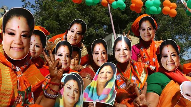 BJP supporters wear masks of Rajasthan chief minister Vasundhara Raje at an election rally, in Ajmer, Dec. 05, 2018.(PTI Photo) BJP supporters wear masks of Rajasthan chief minister Vasundhara Raje at an election rally, in Ajmer, Dec. 05, 2018.(PTI Photo)