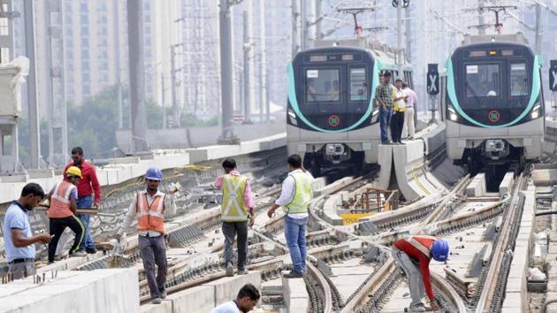 File photo of construction work atthe Noida-Greater Noida Metro Link which is expected to open to the public soon. (HT File) File photo of construction work atthe Noida-Greater Noida Metro Link which is expected to open to the public soon. (HT File)
