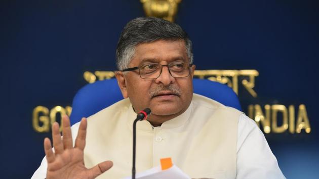 Ravi Shankar Prasad Union Minister holding Law and Justice and Electronics and Information Technology, at a cabinet press briefing. (HT File Photo)