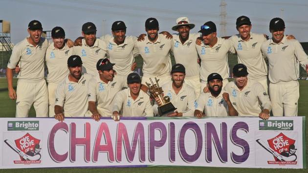 Abu Dhabi: New Zealand's player celebrate with trophy after they beat Pakistan in test series in Abu Dhabi, United Arab Emirates. (AP) Abu Dhabi: New Zealand's player celebrate with trophy after they beat Pakistan in test series in Abu Dhabi, United Arab Emirates. (AP)