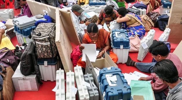 Poll officials collect election material at a distribution centre a day before the second phase of Chhattisgarh Assembly elections, Raipur, Monday on November 19, 2018. (PTI) Poll officials collect election material at a distribution centre a day before the second phase of Chhattisgarh Assembly elections, Raipur, Monday on November 19, 2018. (PTI)