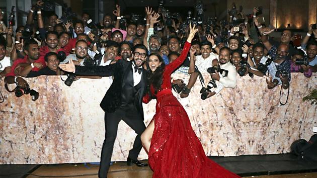 Bollywood actors Ranveer Singh and Deepika Padukone pose for a photograph during their wedding reception party in Mumbai, Maharashtra. (PTI) Bollywood actors Ranveer Singh and Deepika Padukone pose for a photograph during their wedding reception party in Mumbai, Maharashtra. (PTI)