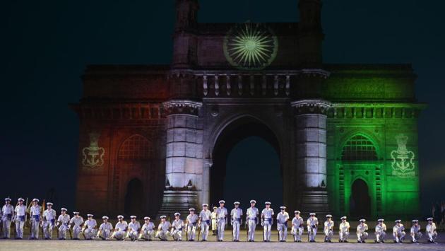Indian navy sailors take part in a rehearsal ahead of Navy Day celebrations in front of the Gateway of India in Mumbai, Maharashtra. (Punit Paranjpe / AFP) Indian navy sailors take part in a rehearsal ahead of Navy Day celebrations in front of the Gateway of India in Mumbai, Maharashtra. (Punit Paranjpe / AFP)
