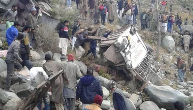 The accident took place when a passenger bus — registration number JK02W0445 — heading from Loran to Poonch skid off the road and fell into a deep gorge at Plera. Plera is nearly 30 km away from Poonch. (HT Photo) The accident took place when a passenger bus — registration number JK02W0445 — heading from Loran to Poonch skid off the road and fell into a deep gorge at Plera. Plera is nearly 30 km away from Poonch. (HT Photo)