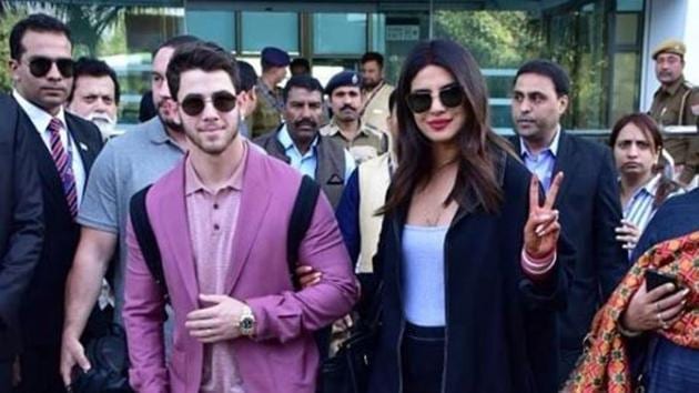 Nick Jonas and Priyanka Chopra arrive in Udaipur for Isha Ambani’s wedding festivities.(Viral Bhayani)