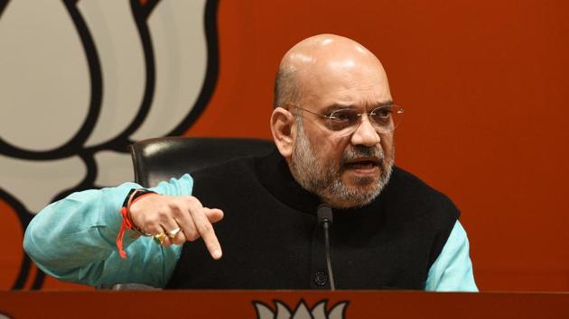 BJP president Amit Shah speaks during a press conference at BJP headquarters, in New Delhi.(Mohd Zakir/HT PHOTO) BJP president Amit Shah speaks during a press conference at BJP headquarters, in New Delhi.(Mohd Zakir/HT PHOTO)