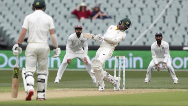 Australia's Nathan Lyon avoids a delivery while batting during the first Test. (AP)