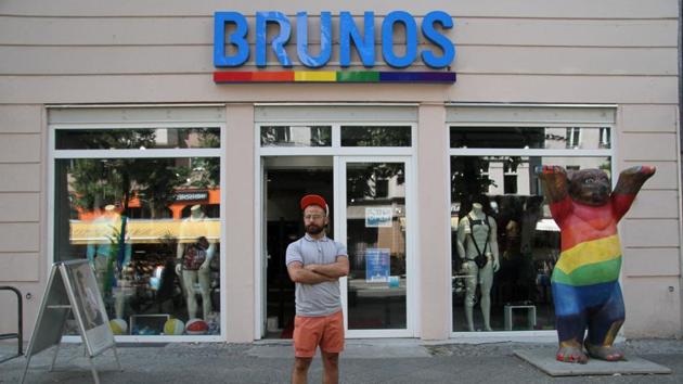 Darwish outside his workplace in Berlin. To supplement this income, he works at Brunos, a fashion and erotic shop that targets gay men. “I found out that the store manager ... had come to my shows many times and we’d even danced together once,” he said. (Alessia Cocca / REUTERS) Darwish outside his workplace in Berlin. To supplement this income, he works at Brunos, a fashion and erotic shop that targets gay men. “I found out that the store manager ... had come to my shows many times and we’d even danced together once,” he said. (Alessia Cocca / REUTERS)