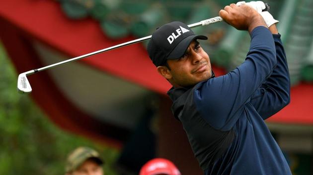 Shubhankar Sharma hitting a shot during the first round of the Hong Kong Open golf tournament.(AFP)